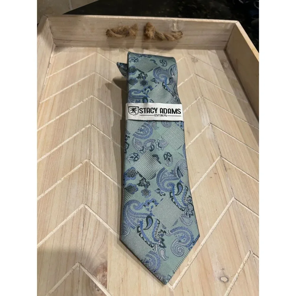 NWT Stacy Adams Tie & Pocket Square Set Sage Green Slate Blue Paisley